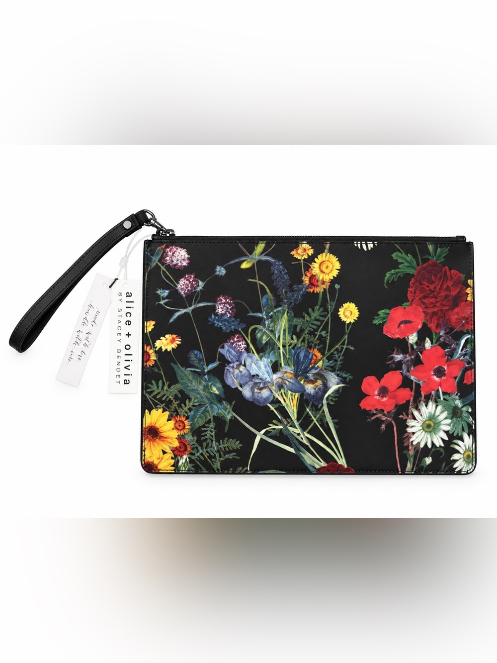 Alice + Olivia Midnight Meadow Floral Leather Wristlet Clutch NWT